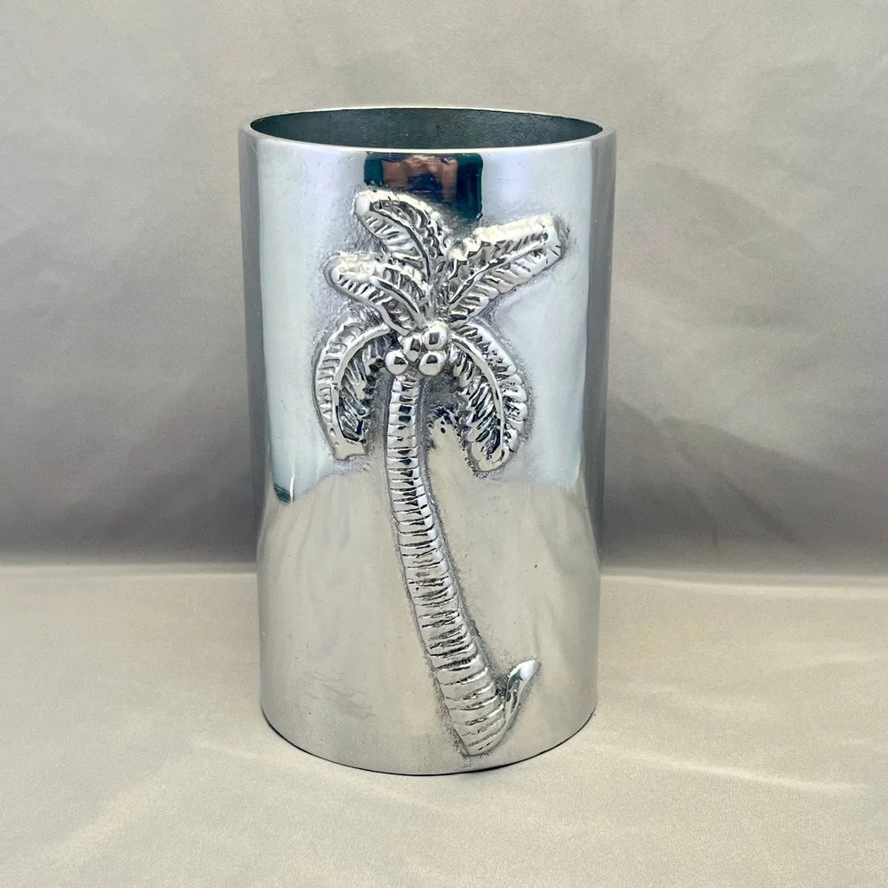 Mariposa Wine Chiller Bottle Coaster Silver Palm Tree Recycled Aluminum Exc
